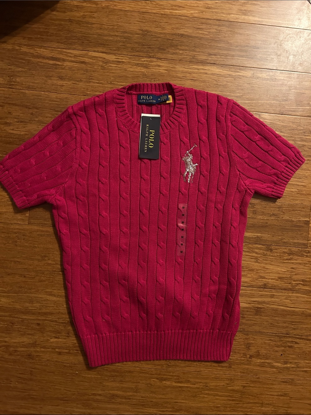 Polo Ralph Lauren Short Sleeve Cable Knit Sweater Beaded Big Pony Logo Pink - Picture 6 of 9